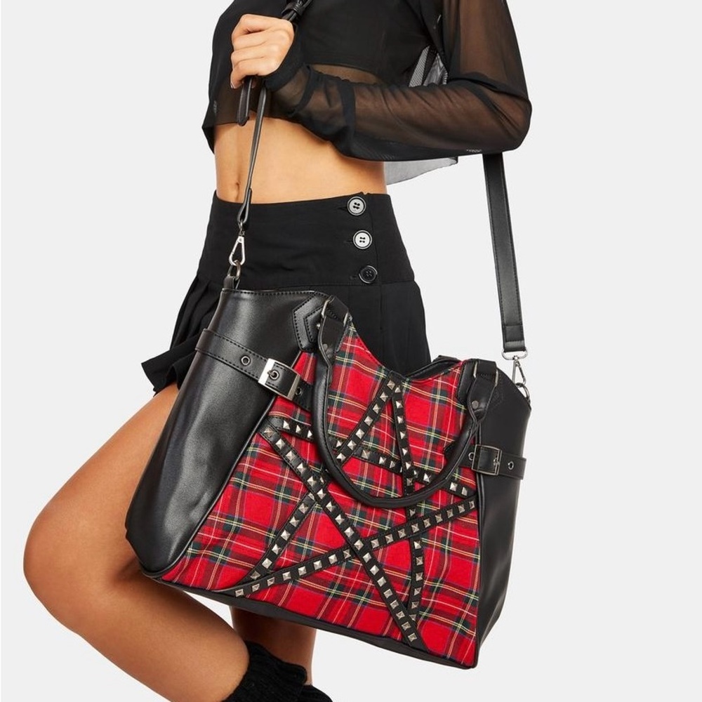 Pentagram Studded Tartan Satchel Bag